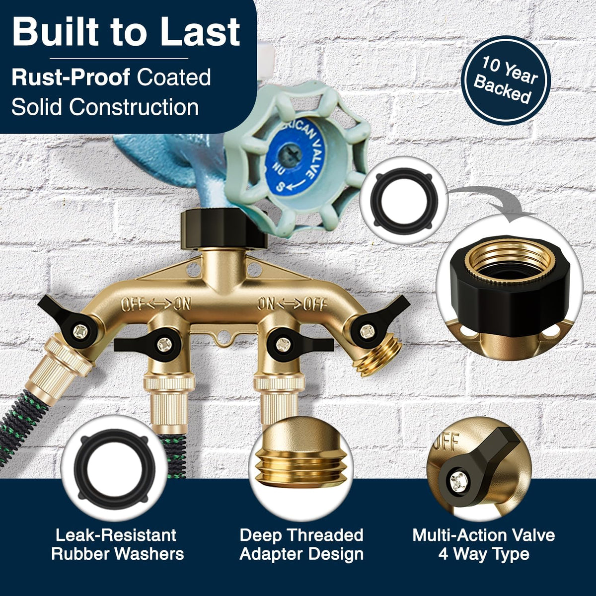 DBR Tech® Heavy Duty 2 Way Hose Splitter (Premium Brass for Superior Durability), Wye Garden Hoses Connector for Water Spigot Faucet Bib Tap, Double Shut Off Valve, Y Adapter, Rust-Resistant Finish