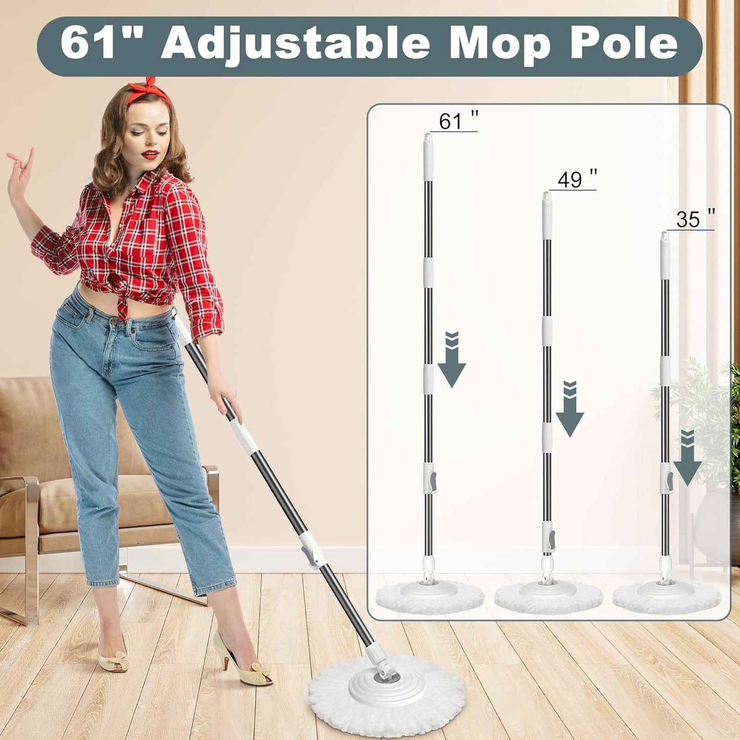 Spin Mop and Bucket System, Mop and Bucket with Wringer Set,Mops for Floor Cleaning,Household Supplies Tools with 6 Replacement Refills,61" Extended Handle for Household Hardwood Floor - Green