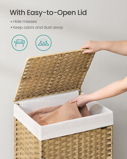 SONGMICS Laundry Hamper with Lid, 37 Gallons (140 L), Rolling Laundry Basket with Wheels, 3-Section Synthetic Rattan, Removable Liner, Bedroom, 26 x 13 x 26 Inches, Gray ULCB363G01