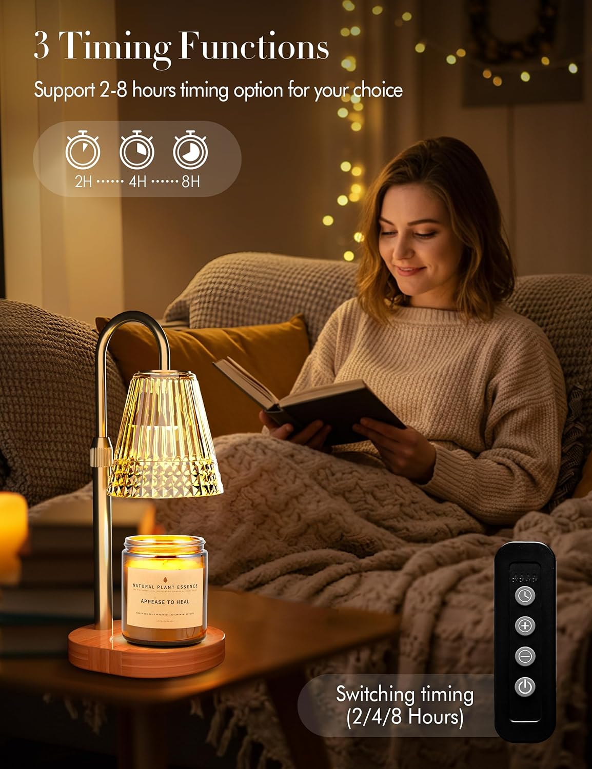 Candle Warmer Lamp with Timer Dimmer: Height Adjustable Wax Melt Warmer for Scented Jar Candles with 2 Bulbs, Christmas Birthday Gifts for Women Mom, House Warming Gifts New Home Room Decor (Gold)