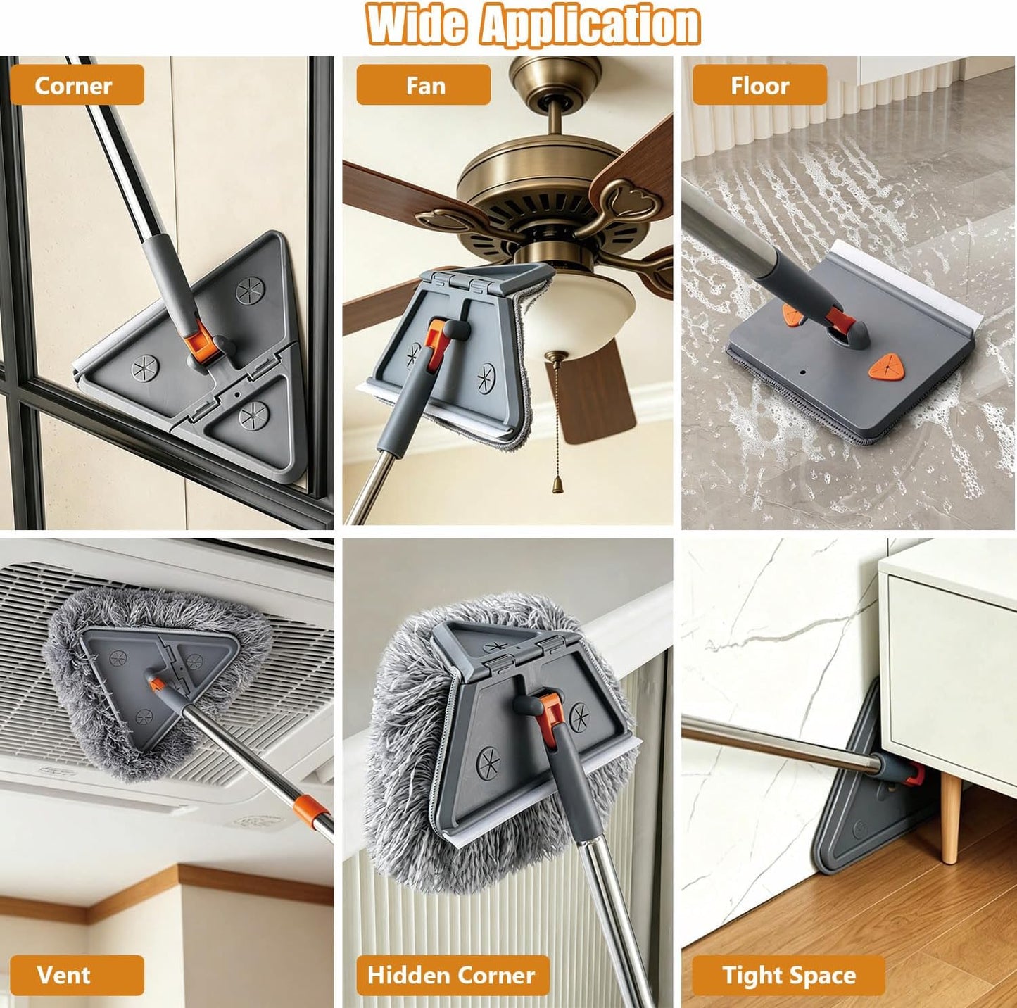 Wall Cleaner Mop with 98" Long Handle, Baseboard Cleaner Tool for Cleaning Ceilings, Windows, Corners, Vents, 2-in-1 Triangle & Rectangle Head with Squeegee, 10 Washable Pads