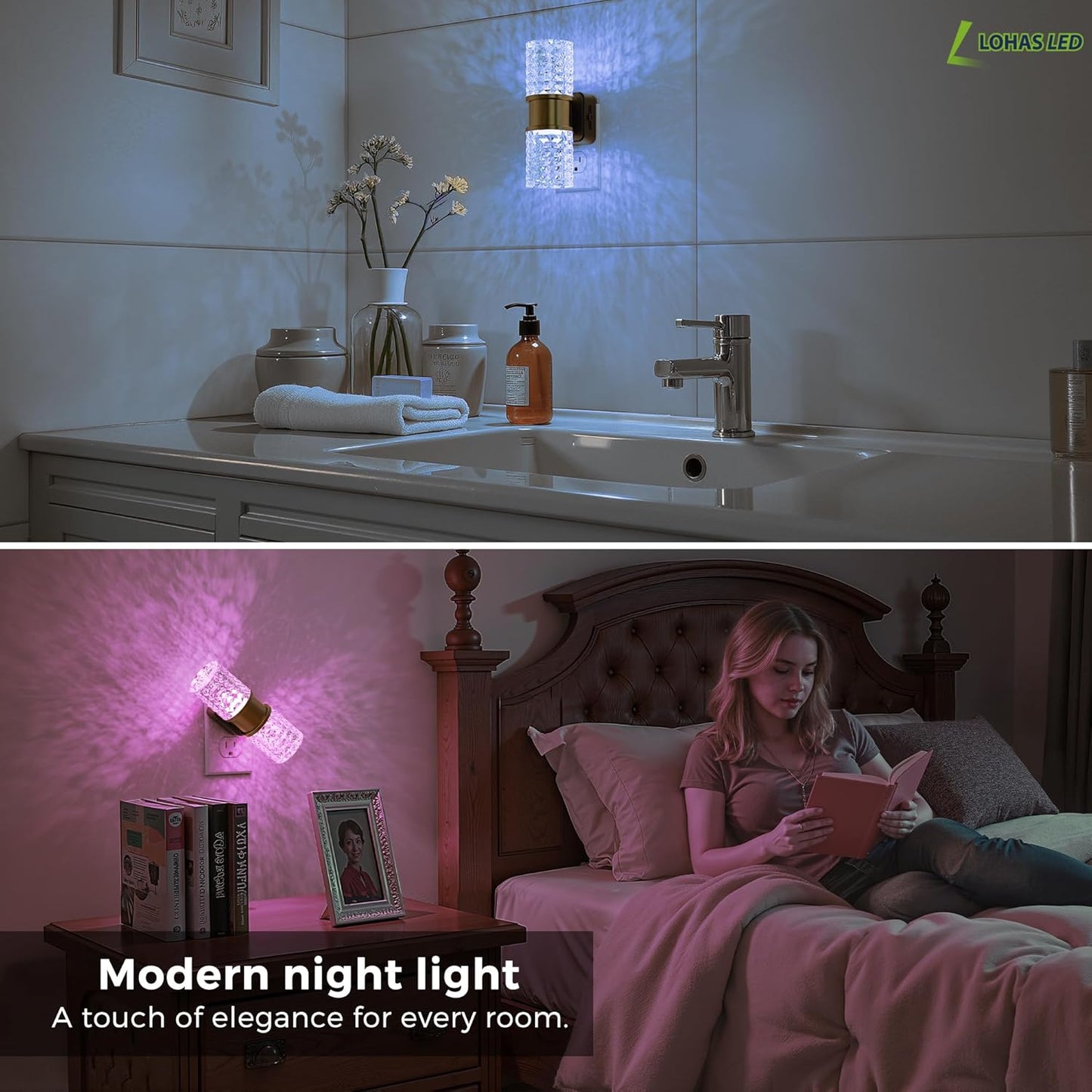 L LOHAS LED Night Light,Dimmable Night Lights Plug into Wall, 2 Pack Acrylic Nightlight with 0-100 LM Adjustable Brightness, 3000K Plug in Night Light with Dusk to Dawn Sensor, for Bathroom Hallway