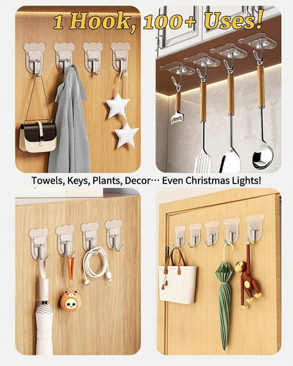 10 Pcs Heavy Duty Adhesive Hooks 10lb Max - Transparent Waterproof Sticky Wall Hooks for Bathroom, Shower, Kitchen, Office - No Damage Self Adhesive Hanging for Towels, Coats, Keys & Home Decor