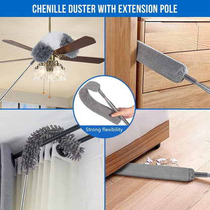 4 Pcs Microfiber Cobweb Duster with 100-inch Extendable Pole, Washable and Reusable Feather Cleaning Duster Kit with 3 Duster Heads,Dusters for Cleaning with Telescopic Pole for High Ceiling Fan