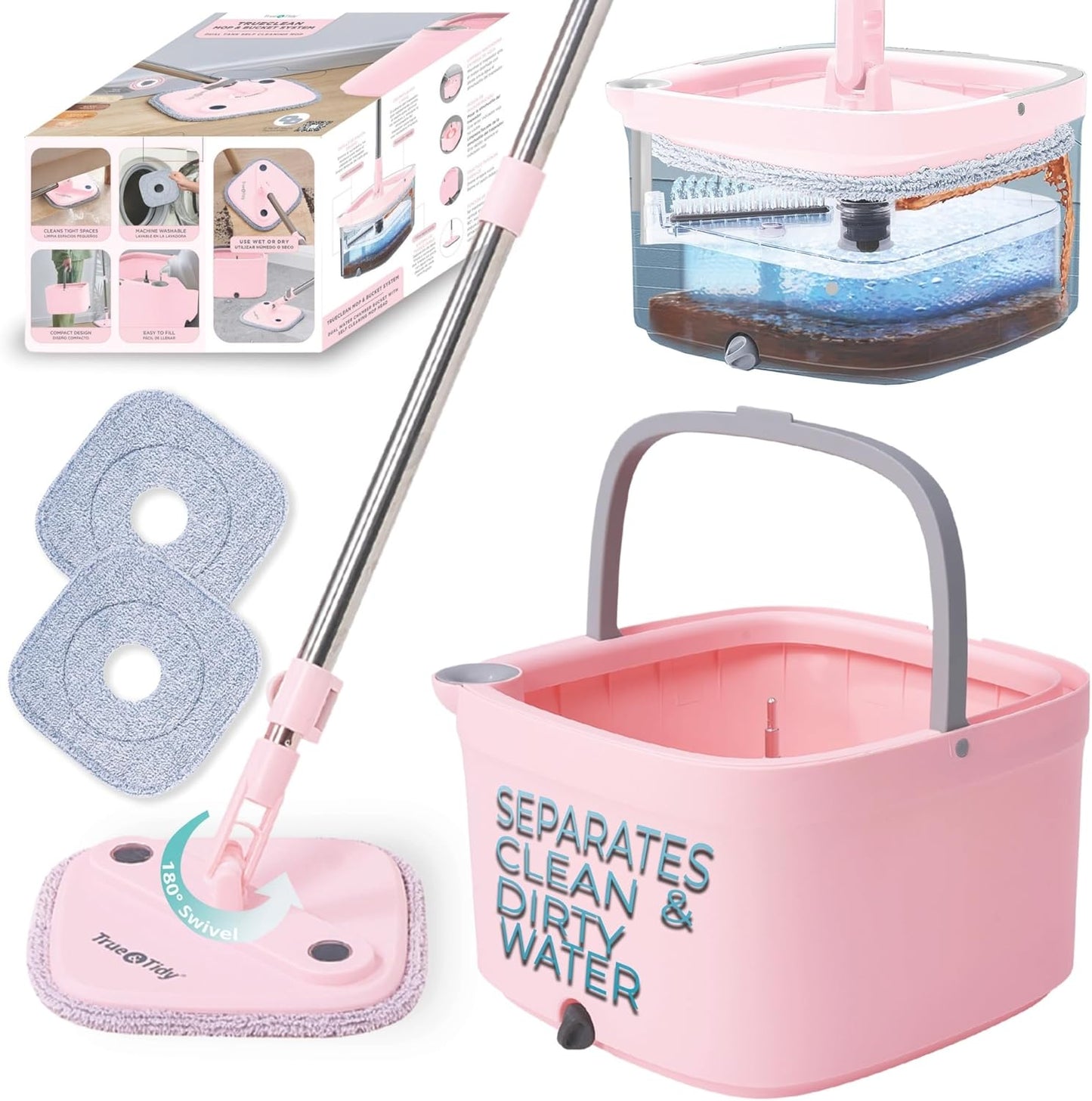TRUE & TIDY Square Spin Mop & Bucket System – Dual Chamber for Clean & Dirty Water, 360° Rotating Self-Wringing Mop with Built-in Scrub Brush, Stainless Steel Handle & 2 Reusable Microfiber Mop Pads