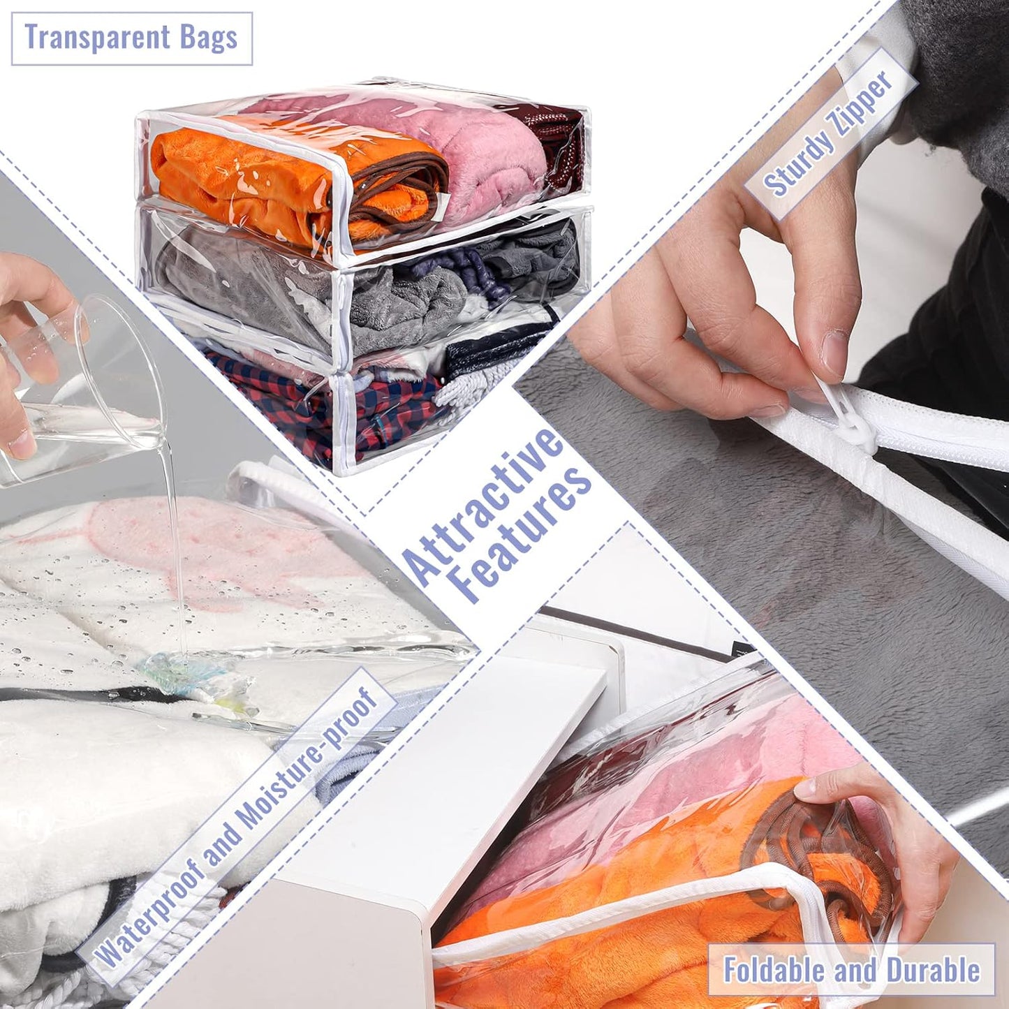 6 Packs Clear Zippered Storage Bags 24 x 20 x 11 Inch Sweater Moth Bags Vinyl Plastic Storage for Blankets Clothes Bed Sheet Organizer with Zipper for Closet Linen Sweater Clothes Comforters Pillow
