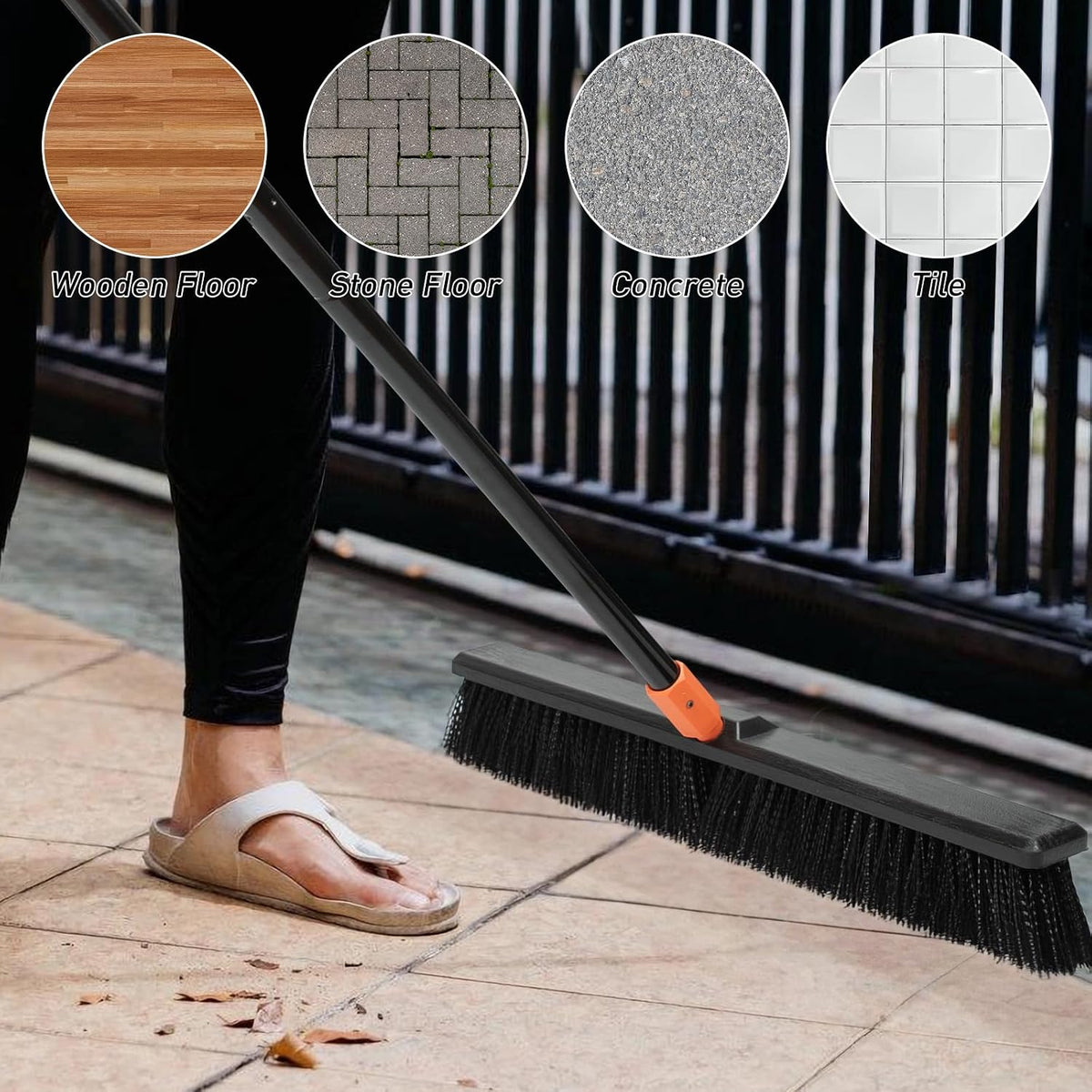 TreeLen 24 Inches Push Broom Outdoor Heavy Duty Floor Scrub Brush with Long Handle Stiff Bristles Broom for Patio Yard Garage Deck Driveway Concrete Floor Cleaning