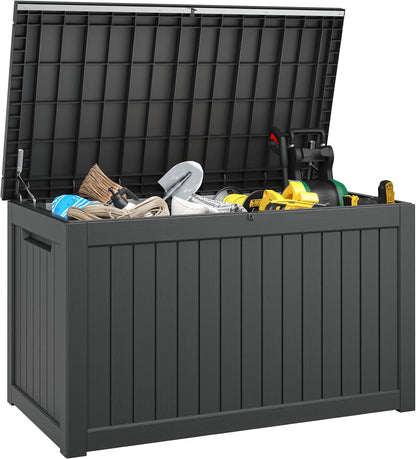 NUNU LAB Outdoor Storage Box, 45 Gallon Outside Deck Box Waterproof, Resin Outdoor Storage Cabinet With Lockable Lid, Backyard Storage Bench For Garden Tools, Patio Cushions, Pool Tools, Black