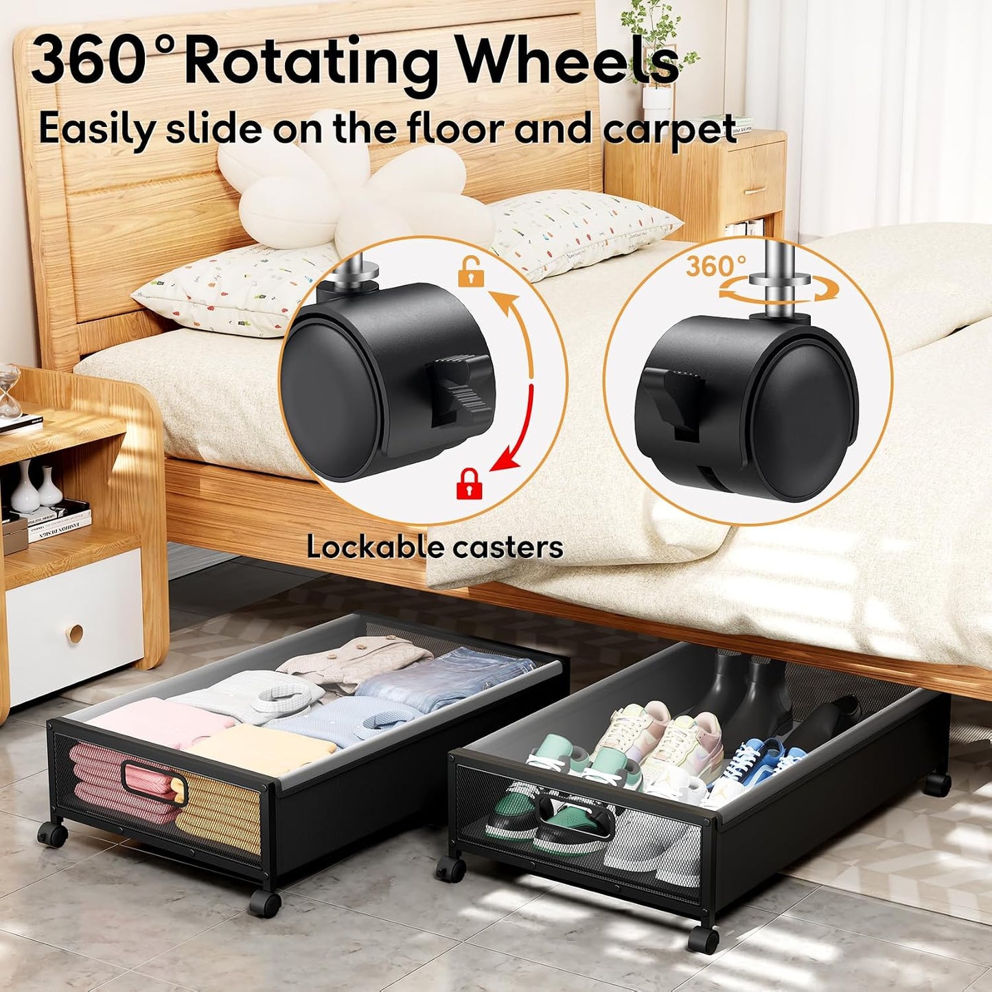 Under Bed Storage Containers with Wheels 2 Pack Underbed Shoe Storage Bedroom Storage Bins Organizer Large Capacity Under Bed Storage with Lid for Clothes Shoes Toys Blankets (Black)