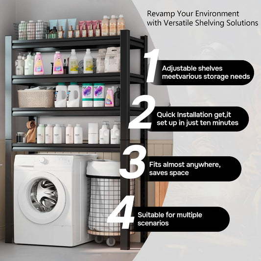 Over Washer and Dryer Shelves, Laundry Room Shelves Adjustable Metal Heavy Duty Freestanding Storage Shelving, Washing Machine Rack for Organization and Storage, Black (39.4" W X 17.7" D X 71.2" H)