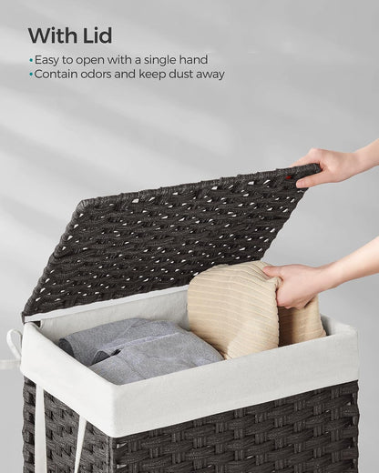 SONGMICS Laundry Hamper with Lid, 23.8 Gallon (90 L) Synthetic Rattan Clothes Laundry Basket with Lid and Handles, Foldable, Removable Liner, Chestnut Brown ULCB051K02
