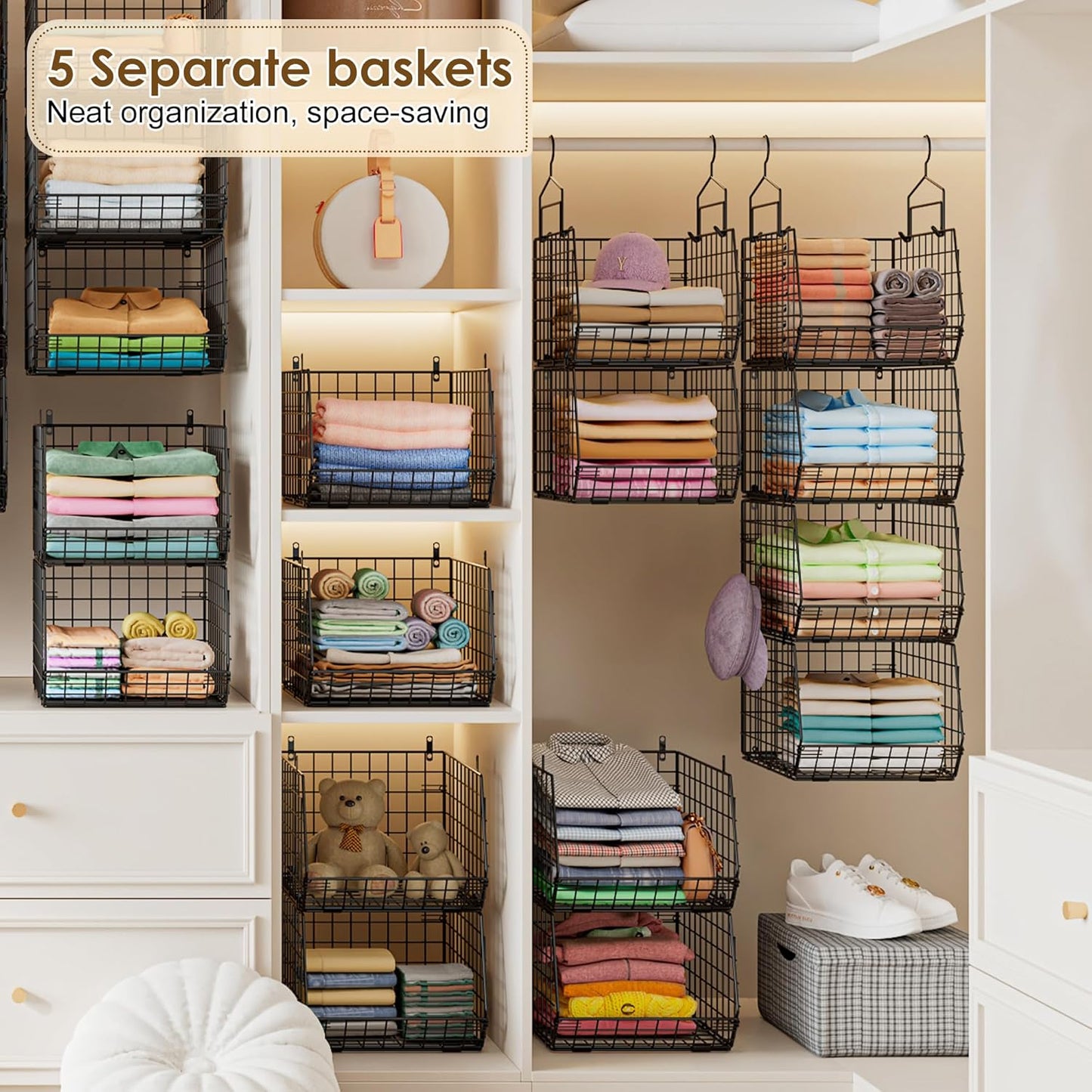 8-Tier Extended Depth Hanging Closet Organizers and Storage for Closet System, Stackable Closet Shelves with 4 Adjustable Dividers for Clothes Sweaters Purses, Wire Hanging Basket Fits Closet Laundry