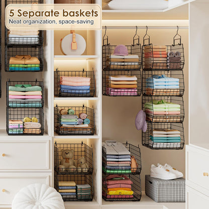 8-Tier Extended Depth Hanging Closet Organizers and Storage for Closet System, Stackable Closet Shelves with 4 Adjustable Dividers for Clothes Sweaters Purses, Wire Hanging Basket Fits Closet Laundry