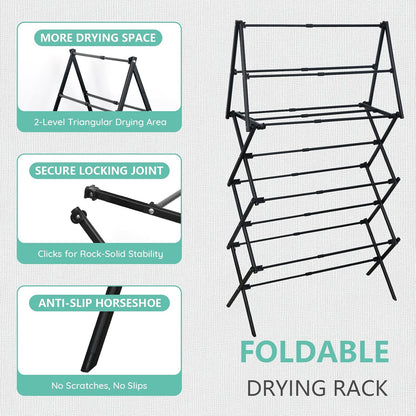 ZOES HOMEWARE 4 Tier Clothes Drying Rack Foldable | Foldable Clothing Drying Rack | Laundry Drying Rack Collapsible for Laundry Room, Dorm, Expandable Sturdy Metal Design | Black 29"L x 11.5"W x 53"H