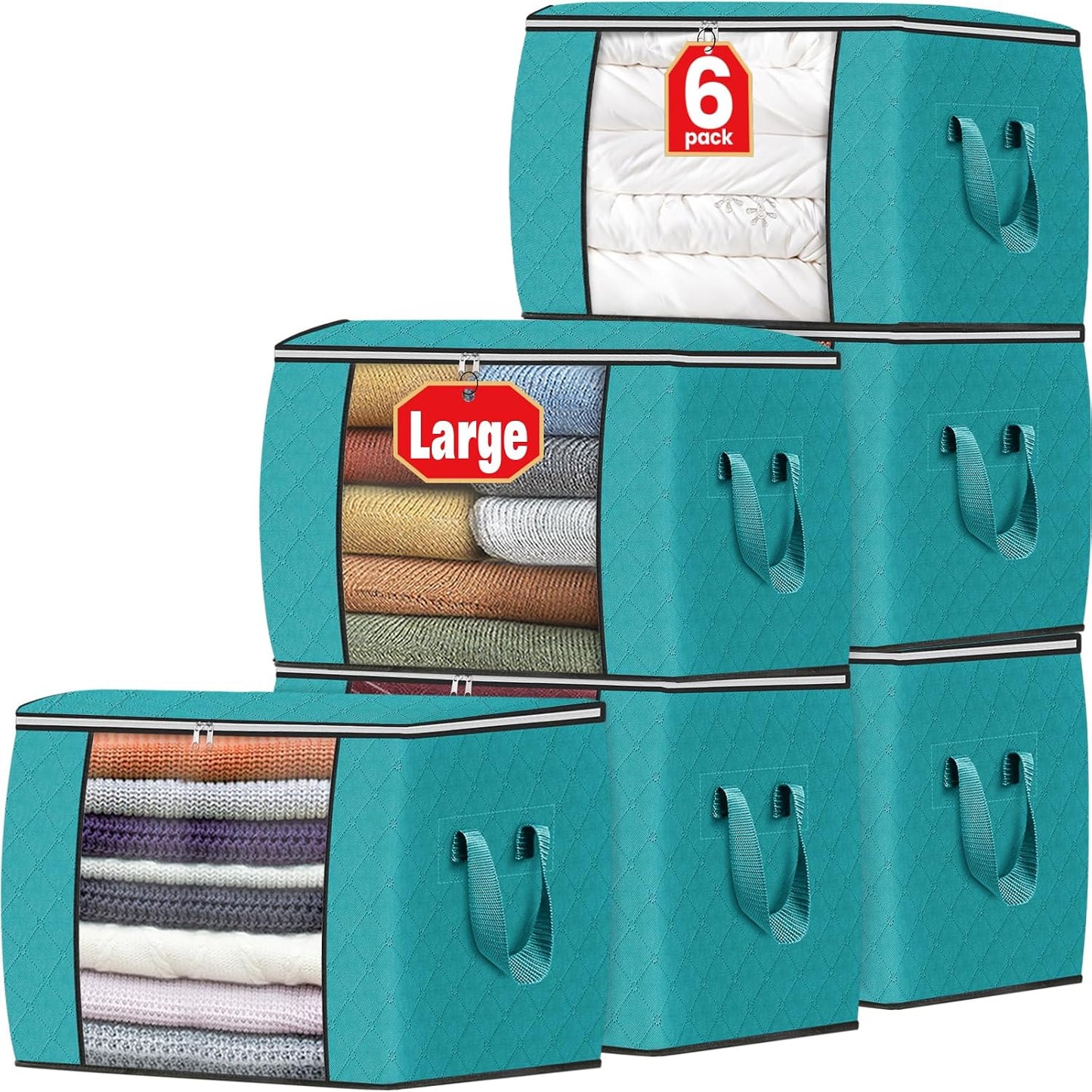 Fab totes 6 Pack Storage Bags for Clothes and Blanket, Foldable Closet Organizers and Storage with Zippers, Clear Window and Handles, Fabric Storage Bins for Sweater, Comforter, Bedding,Linen Sheets