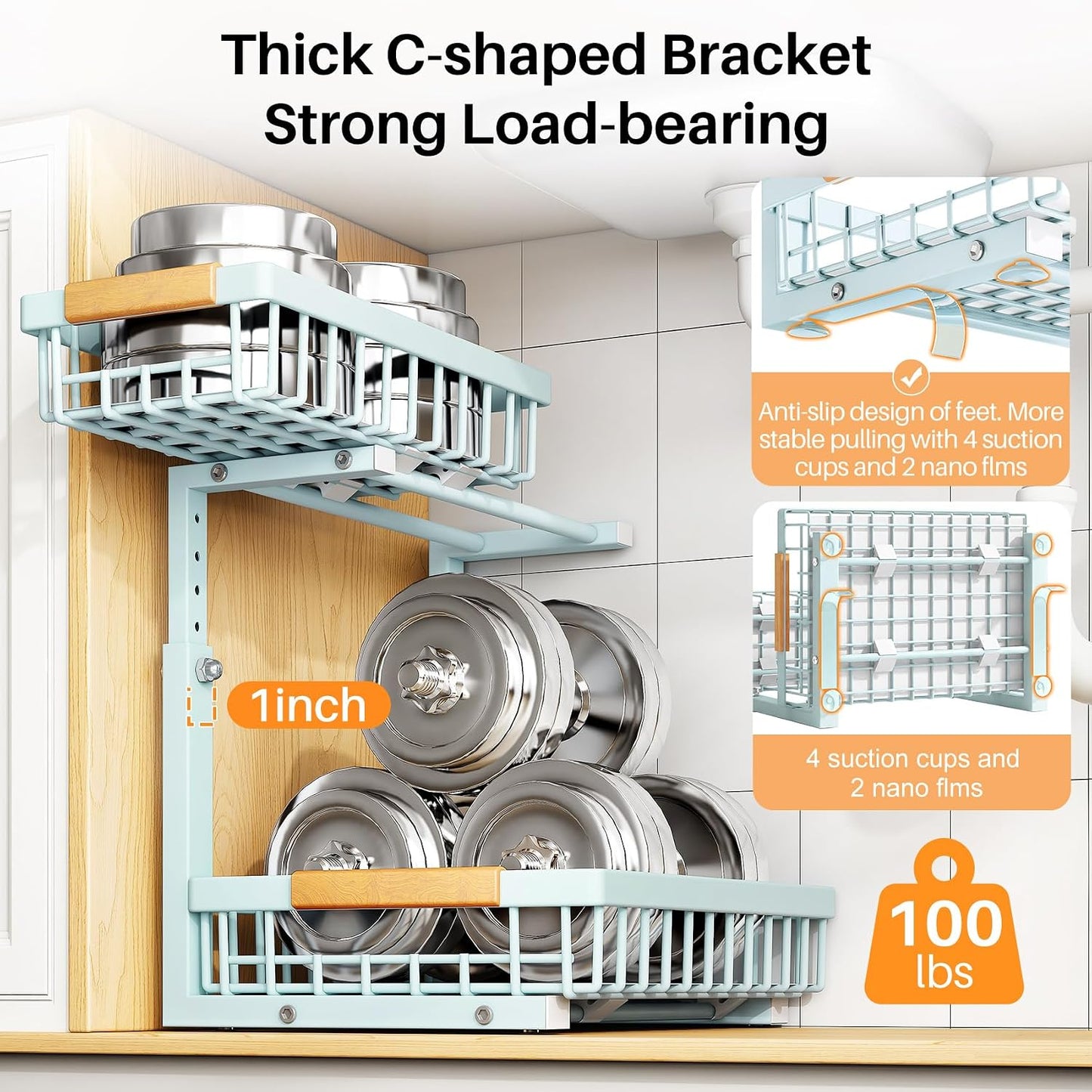 PXRACK Under Sink Organizer, Adjustable Height, 2 Tier Pull Out Under Cabinet Organizer, Slide Out Thickened Metal Under Sink Storage for Kitchen Bathroom Laundry Pantry Cabinet, White, Large-1-Pack