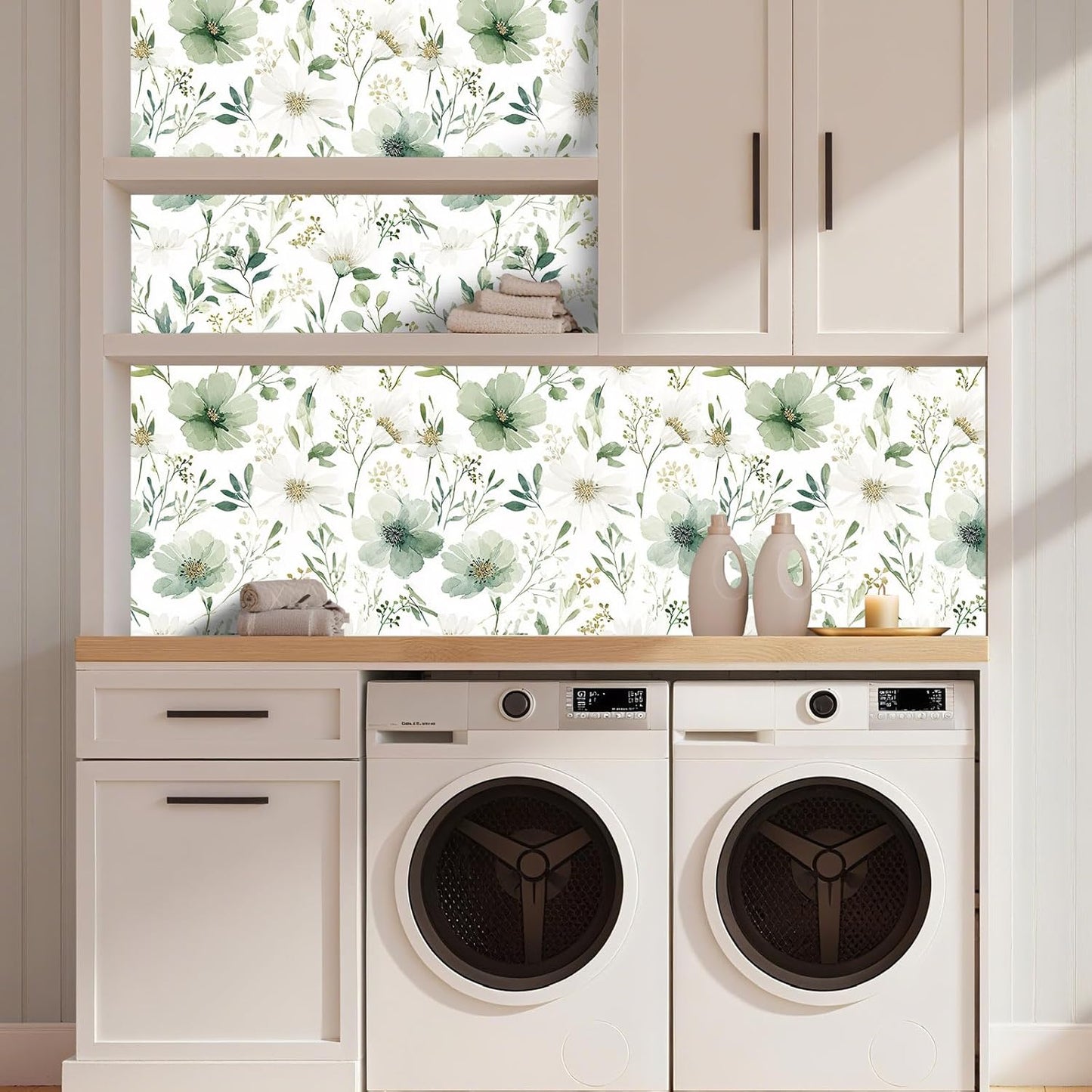 Sage Green Floral Peel and Stick Wallpaper Self Adhesive Removable Modern for Bedroom Accent Wall Renter Friendly Thick Watercolor Natural Flower Wallpaper 17.7" x 118"
