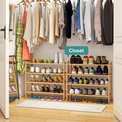 viewcare 3-Tier Black Bamboo Shoe Rack for Entryway, Stackable | Foldable | Natural, Shoe Shelf Storage Organizer for Hallway Closet, Free Standing Shoe Racks for Indoor Outdoor