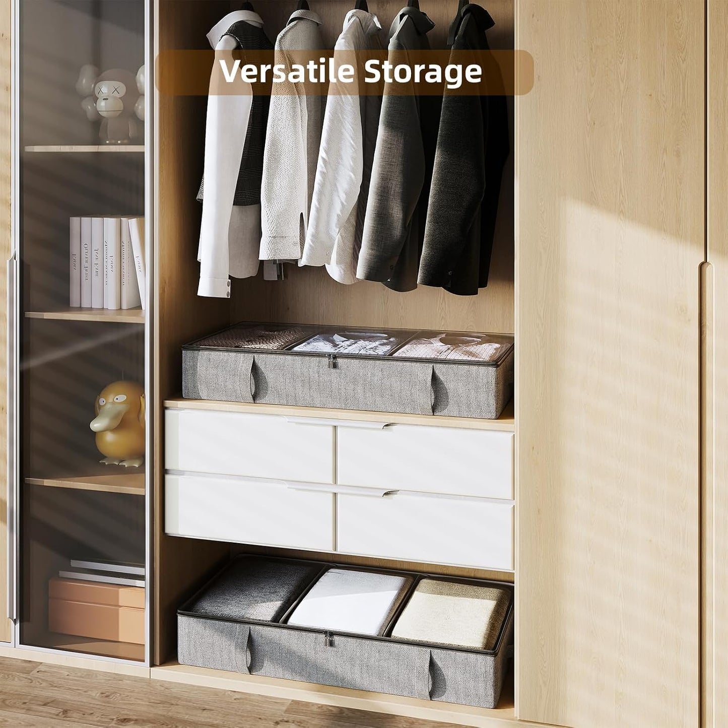 Vailando Side-Supported Under Bed Storage Containers, 6 Inches Tall 60L Underbed Storage Bins with Sturdy Handles and Sidewalls, Closet Organizer for Clothes, Blankets, Seasonal Items, Beige, 2-Pack