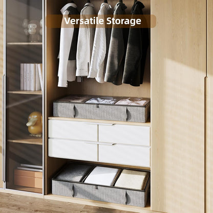 Vailando Side-Supported Under Bed Storage Containers, 6 Inches Tall 60L Underbed Storage Bins with Sturdy Handles and Sidewalls, Closet Organizer for Clothes, Blankets, Seasonal Items, Beige, 2-Pack
