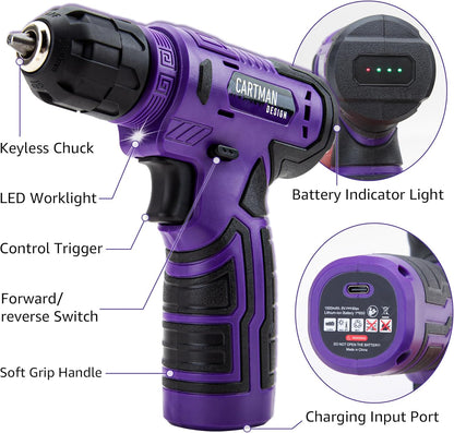 CARTMAN 150PCS 8V Cordless Drill Hand Tool Set, Purple Household Repair Kit | All-Inclusive Tool Assortment With 8V Drill, Great For Home Upkeep, DIY Crafting And Daily Household Fixes