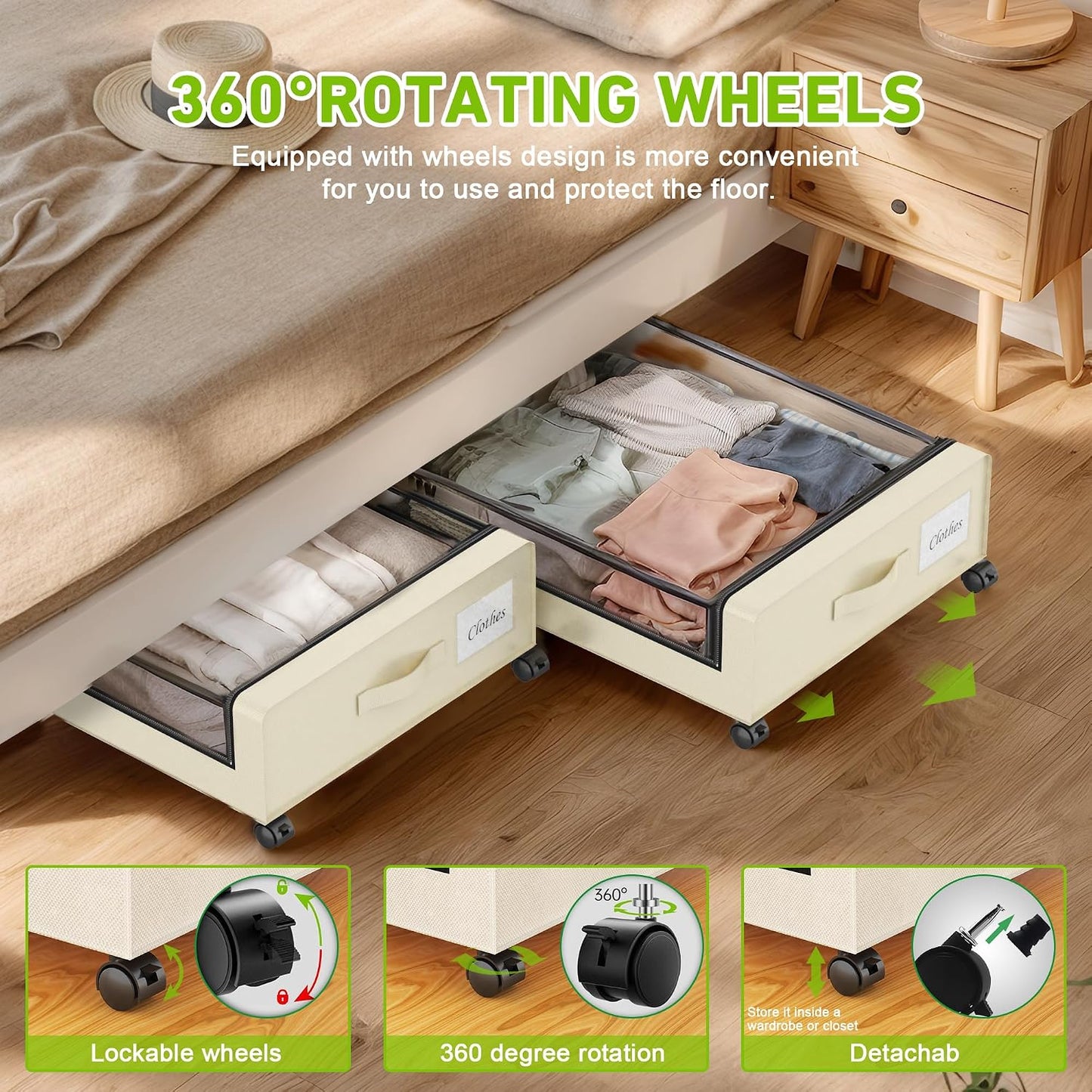 YAASHEEN Under Bed Storage with Wheels, 2-Pack Under the Bed Storage Containers with Clear Lids & Label, Underbed Storage Bins, XXL 60L Rolling Metal Drawer for Clothes, Shoes, Toys, Books - Gray
