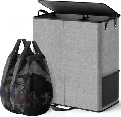 Large Double Laundry Hamper with Lid, Removable Bags & Reinforced Handles, 2 Section Tall Laundry Basket, Dirty Clothes Hampers for Laundry Room, Bedroom, Bathroom, Dorm, 136L, Gray