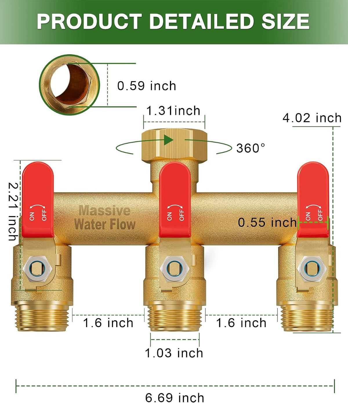 3 Way Hose Splitter, Heavy Duty Full Flow Garden Water Hose Bib Spigot Splitter, Brass Rust and Freeze Resistant Outdoor Faucet Splitter, T Adapter Connector with 3/4 - Inch GHT Thread （Green）