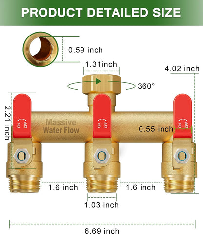 3 Way Hose Splitter, Heavy Duty Full Flow Garden Water Hose Bib Spigot Splitter, Brass Rust and Freeze Resistant Outdoor Faucet Splitter, T Adapter Connector with 3/4 - Inch GHT Thread （Green）