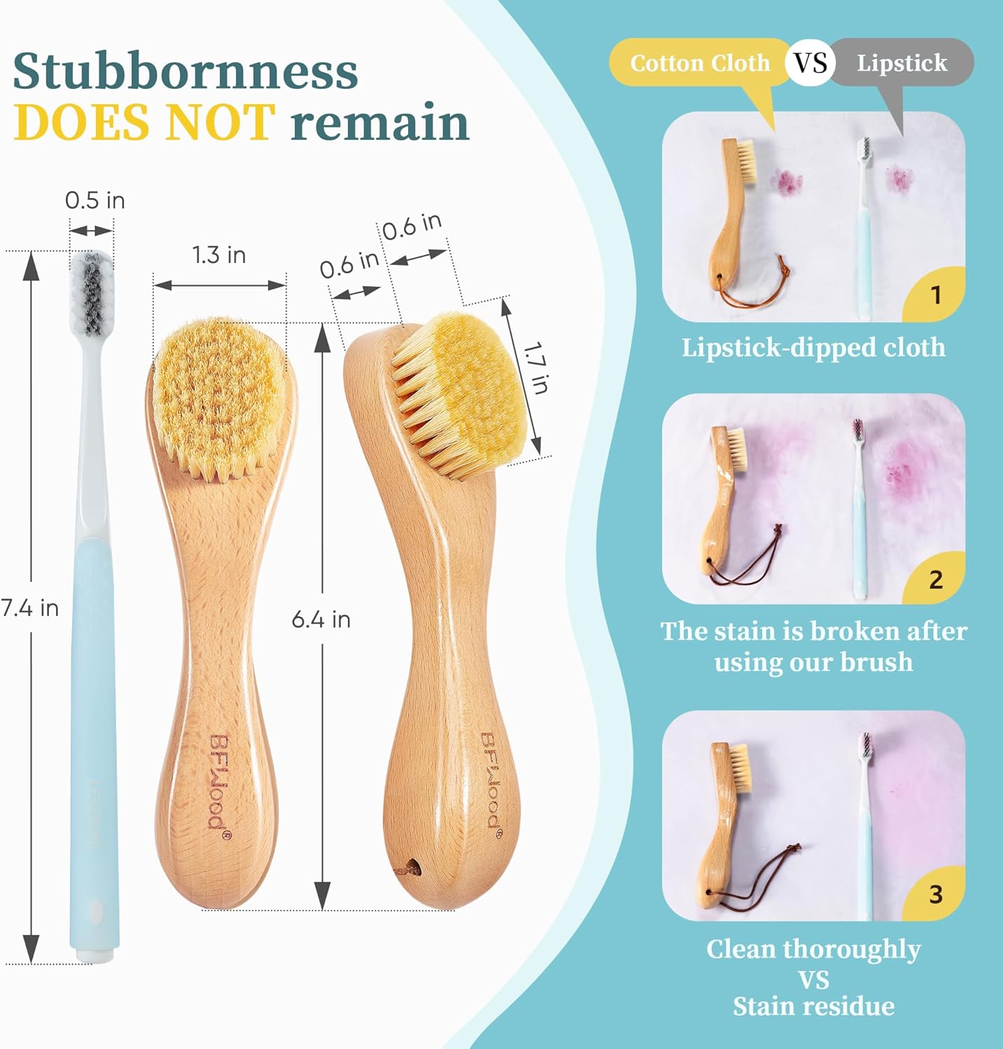 BFWood Laundry Stain Brush, Natural Soft Boar Bristles, Removes Tough Stains from Delicate Fabrics Like Knits, Cotton, and Linens, Gentle on Fabrics, No Damage