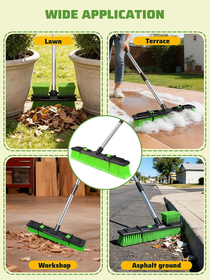 18”/45cm Large Wide Adjustable Heavy Duty Outdoor Push Broom Stiff Brush Head with 4 Section Threaded Handle 60"/152cm for Warehouse Driveway Garage Patio Sidewalk Floor Dirt Workshop Deck Cleaning