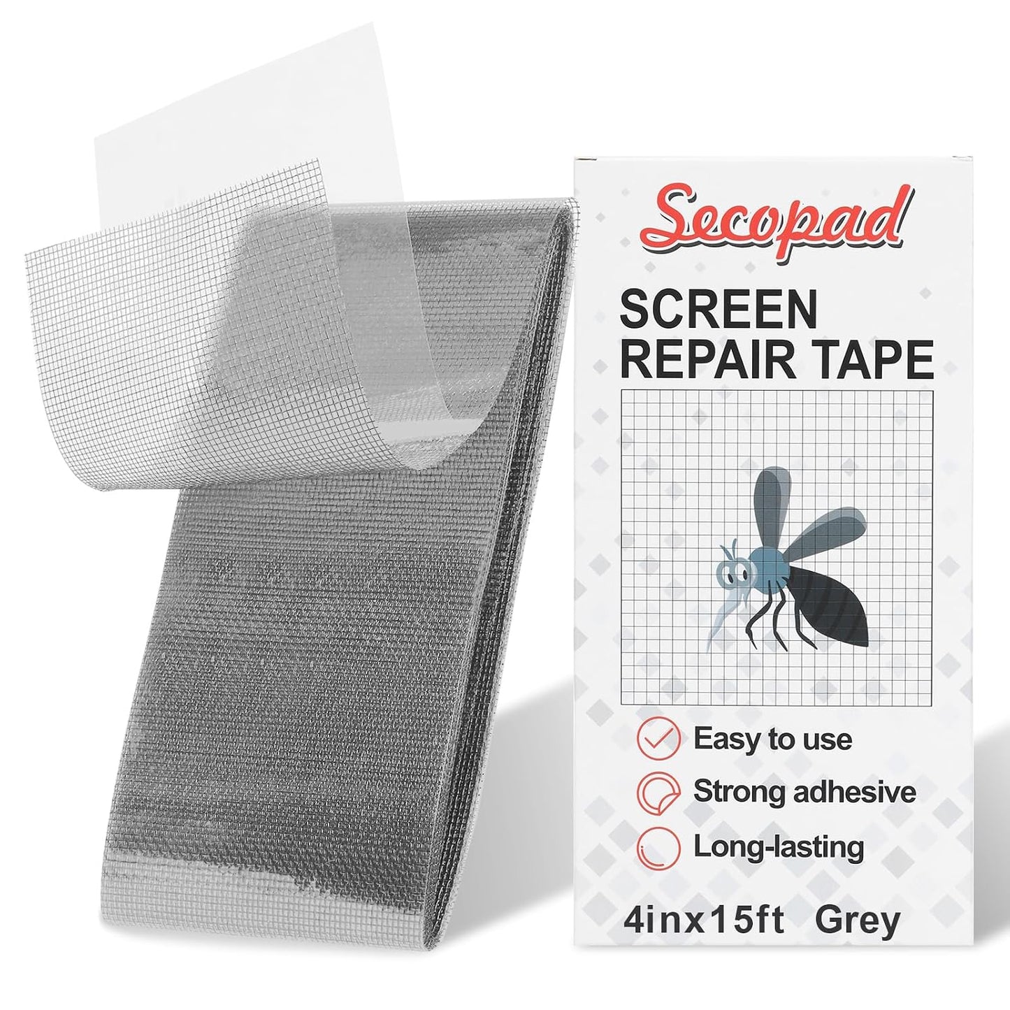 Secopad Grey Screen Repair Tape, 2" X 180" (15FT) Window Screen Door Repair Kit, Strong Adhesive Fiberglass Patch Tape Mesh