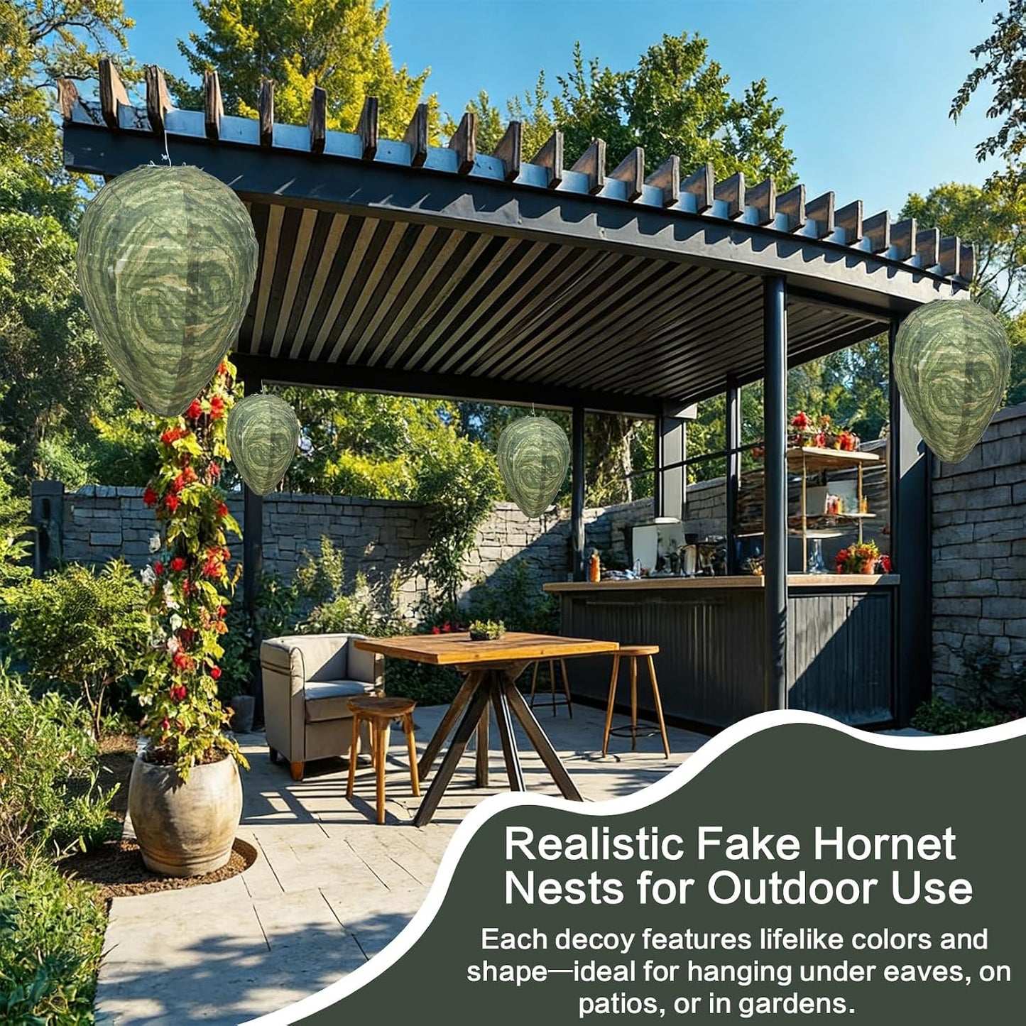 Fake Wasp Nest 4 Pack, Upgraded Waterproof Wasp Nest Decoy Outdoor Hanging, Realistic Artificial Hornet Nests with Stainless Steel Frame for Patio, Porch, Garden, Backyard, Under Eaves