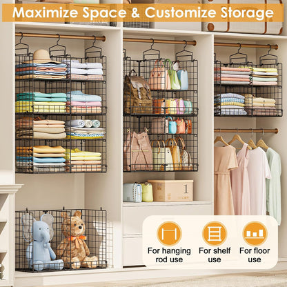 Hanging Closet Organizer with DIY Spacing, Double-Row Closet Hanging Shelves with 4 Adjustable Dividers & 6 Hooks, Heavy Duty Metal Closet Storage Organizer with Front Guard, Split into 2 Units