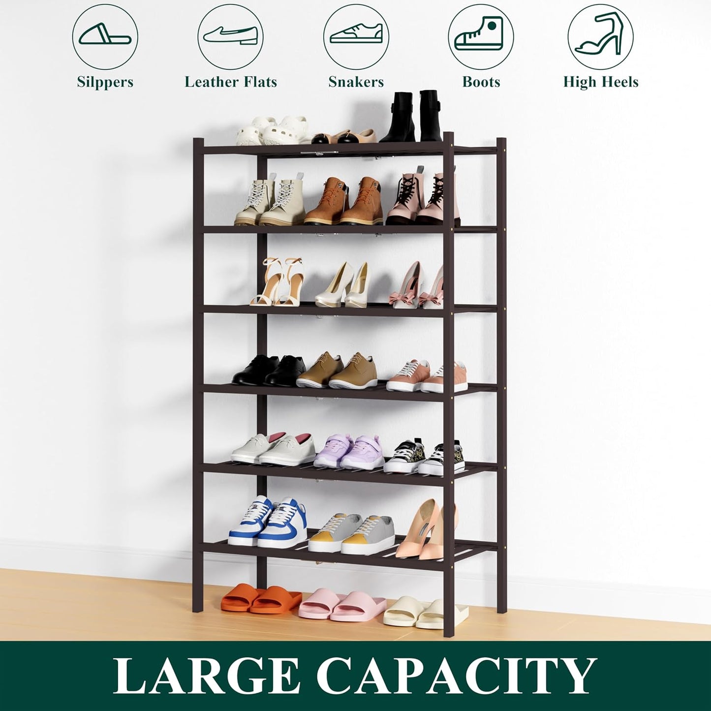 Smiry Bamboo Shoe Rack, 3 Tier Free Standing Wooden Shoe Organizer, Stackable Wood Shoe Storage Shelf for Closet, Entryway, 12 Vertical Slats, 2+1 Stack Standard Legs, 26.8"x11"x19.5", Natural
