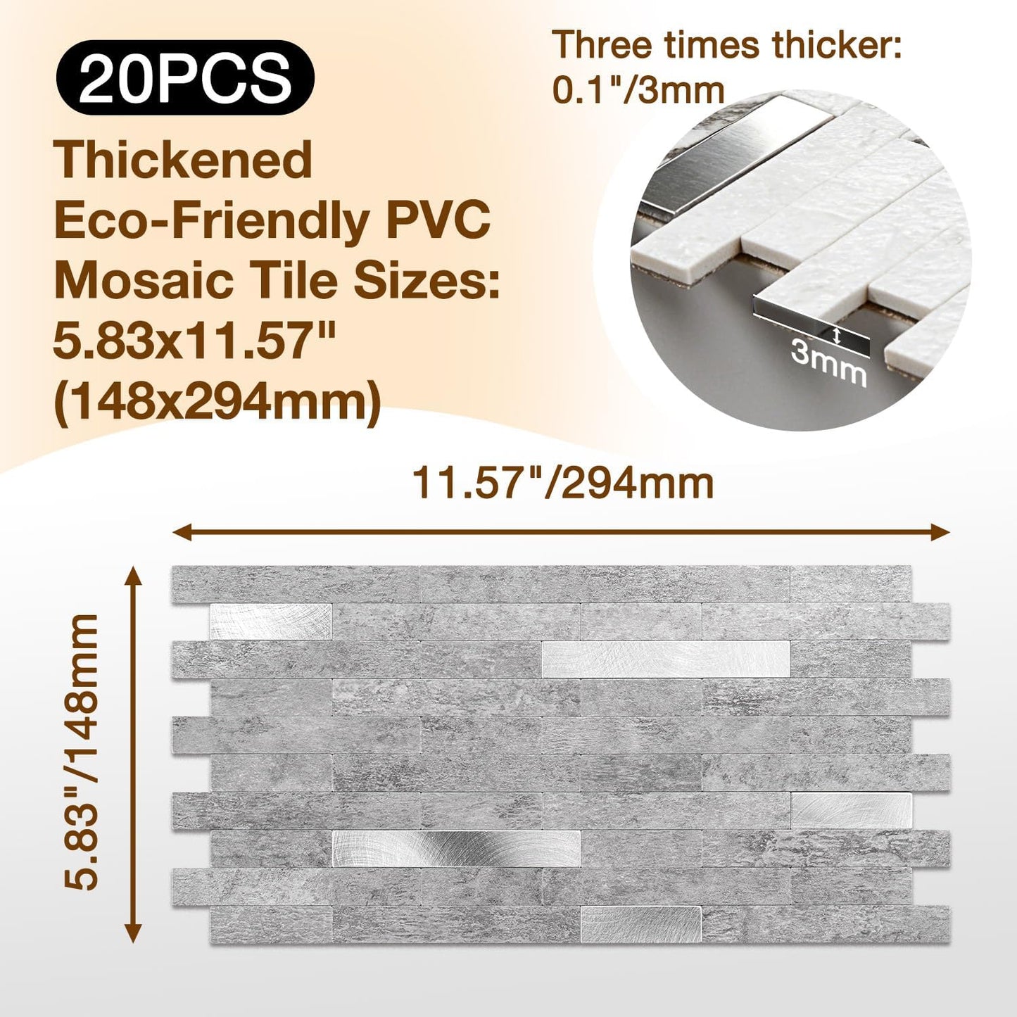 Peel and Stick Backsplash Tile Waterproof Removable PVC Wall Sticker 3D Faux Stone Marble Brick White Accent Panels (White Marble - Metal Silver, 20 Tiles - 9 sq. ft. (0.84 M²))