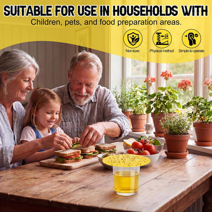 100 Pack Fruit Fly Trap Covers, Single-Sided Sticky Paper Lids, 8 Vent Holes for Vinegar/Wine Bait, Fits Cups & Jars for Indoor Kitchen & Pantry Gnat Control (Round,Yellow)