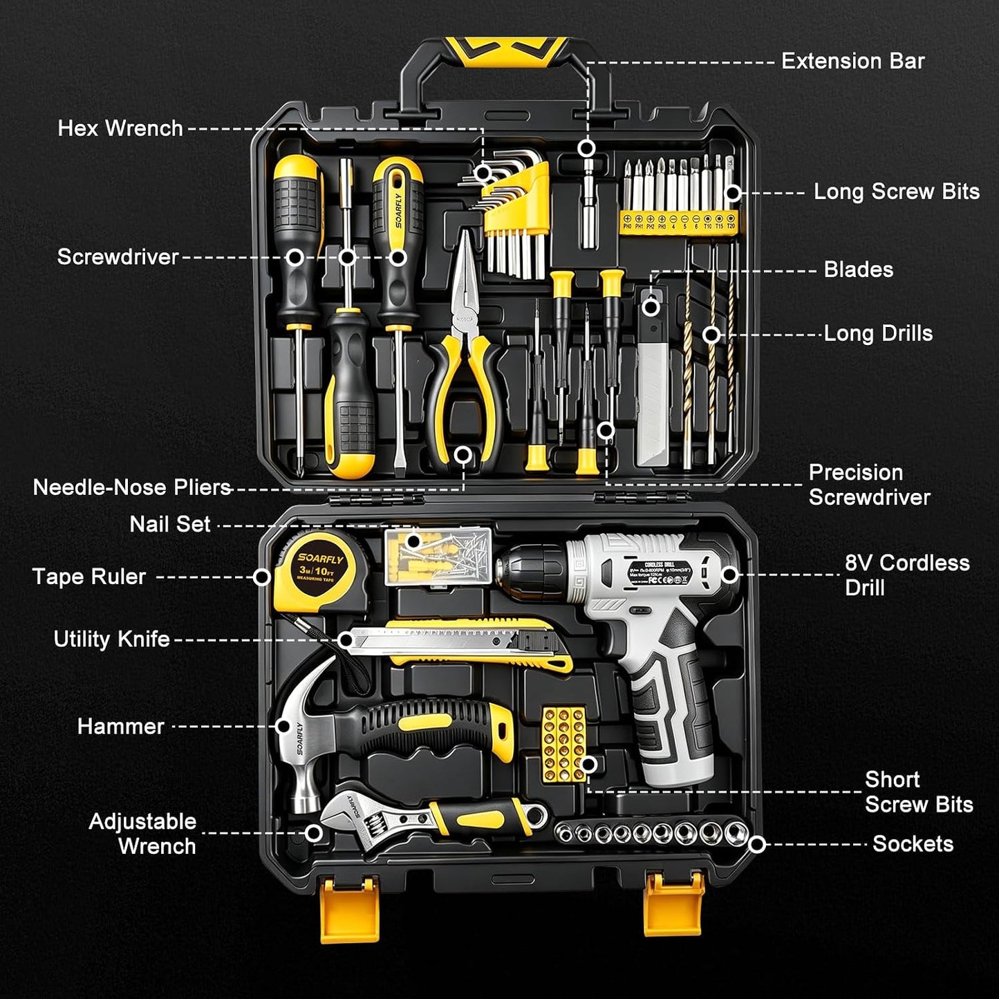 Upgraded 180 Piece Tool Set, Tool Kit with 8V Cordless Drill Set, General Household Hand Drill Kit for Men and Women, Plastic Storage Toolbox for DIYers, Home Maintenance and Everyday Repairs(Orange)