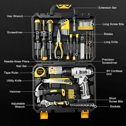 Upgraded 180 Piece Tool Set, Tool Kit with 8V Cordless Drill Set, General Household Hand Drill Kit for Men and Women, Plastic Storage Toolbox for DIYers, Home Maintenance and Everyday Repairs(Orange)