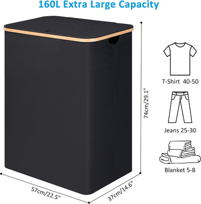 efluky Slim Laundry Basket with Lid, Narrow Laundry Hamper with Removable Bag, Skinny Dirty Clothes Basket with Bamboo Handles for Bathroom, Bedroom & Laundry Room, 75L Beige