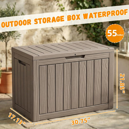 ROJIK 55Gal Outdoor Storage Box Waterproof Deck Box | Heavy-duty UV-resistant resin, space-saving for balcony/patio, stores cushions/tools/pool gear, lockable lid as table/bench