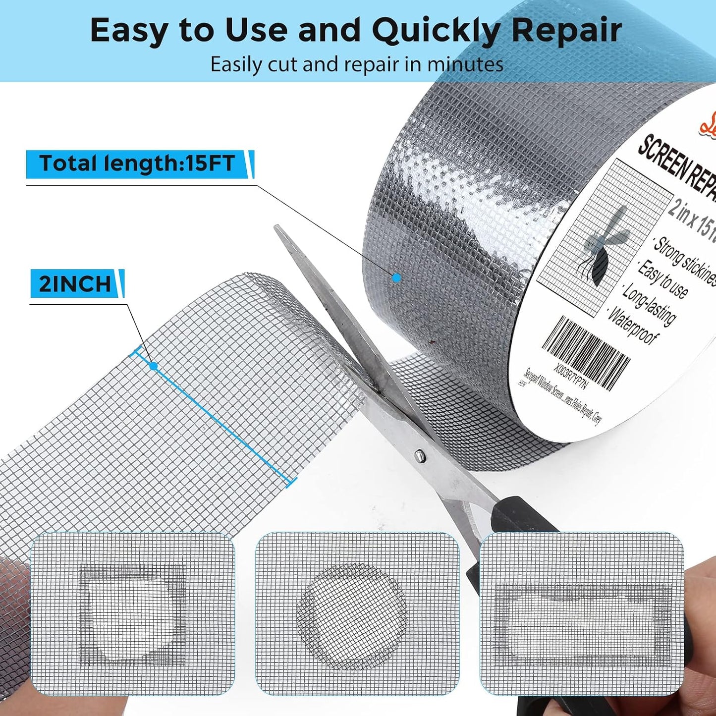 Secopad Grey Window Screen Repair Tape, 2IN X 15FT (180IN) Screen Repair Kit for Windows or Doors, Strong Adhesive Patch Kit Fiberglass Mesh Tape