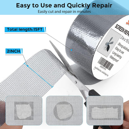 Secopad Grey Window Screen Repair Tape, 2IN X 15FT (180IN) Screen Repair Kit for Windows or Doors, Strong Adhesive Patch Kit Fiberglass Mesh Tape