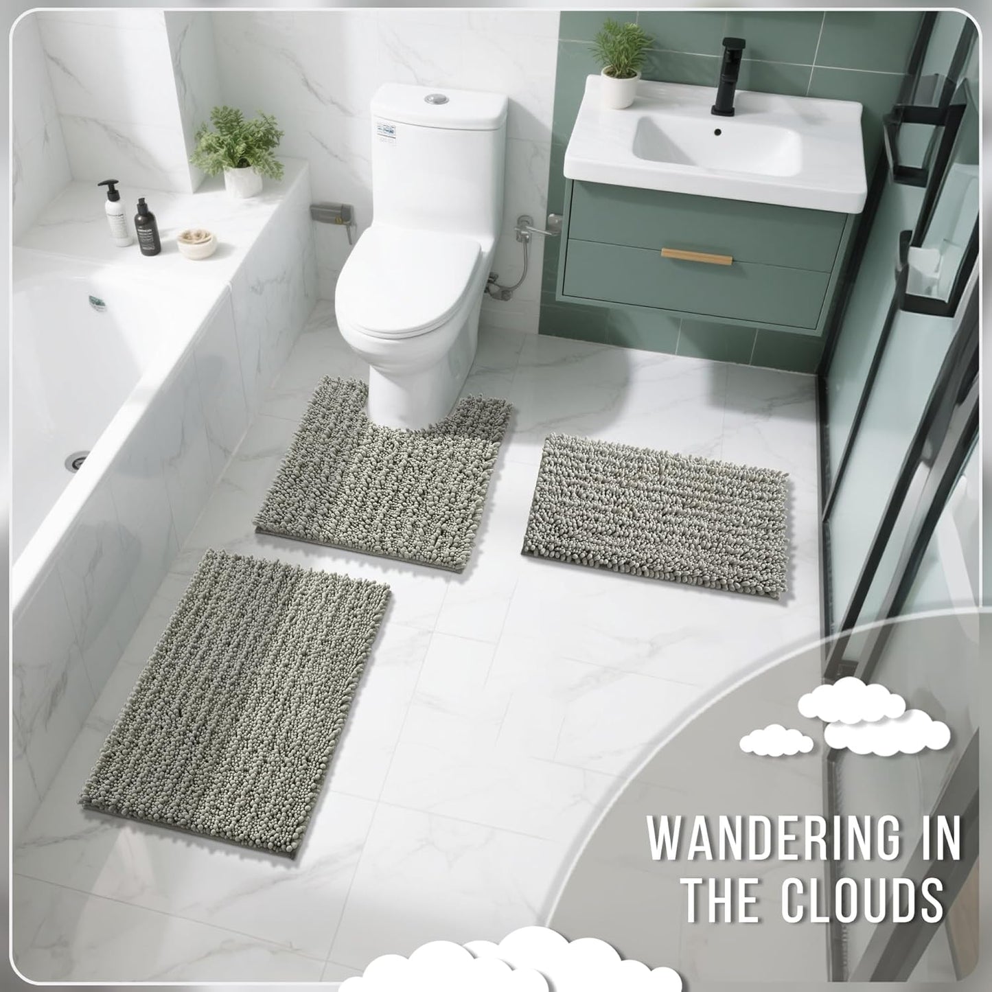 Yimobra Bathroom Rugs Non Slip Washable - Ultra Soft Absorbent Chenille Bath Mat, Quick Dry Shaggy Floor Carpet for Tub Shower, Gray Home Decor Accessories, 24x17 Inch