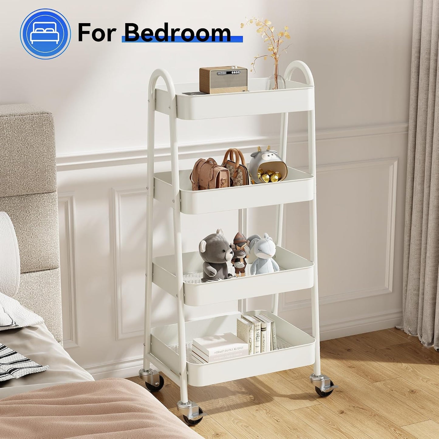 OLIXIS Metal 4 Tiers Utility Rolling Cart, Mobile Storage Shelf with Lockable Caster Wheels, Organization for Livingroom, Bathroom, Kitchen, & Narrow Places, 4-Tier Green