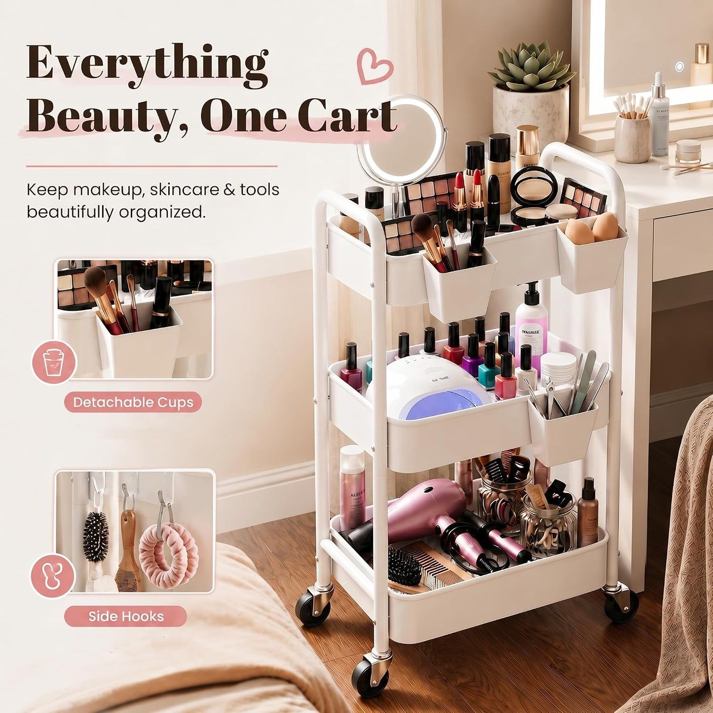 2 Tier Small Rolling Cart Metal with Wheels, White Under Desk Storage Cart on Wheels, Short Utility Roller Caddy Carts Organizer for Art,Craft,Pantry,Bathroom, Two Tiered Shelf Trolley,22 Inches Tall