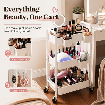 2 Tier Small Rolling Cart Metal with Wheels, White Under Desk Storage Cart on Wheels, Short Utility Roller Caddy Carts Organizer for Art,Craft,Pantry,Bathroom, Two Tiered Shelf Trolley,22 Inches Tall