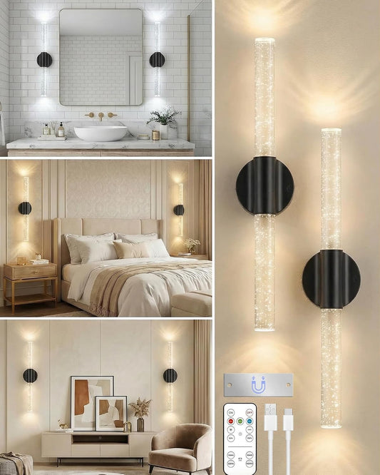 Peel and Stick on Wall Sconce set of 2, Rechargeable No Drill Gold Wireless Magnetic Battery Operated Wall Lights with Remote, Dimmable Cordless Wall Lamps for Bedroom Living Room Bathroom Decor