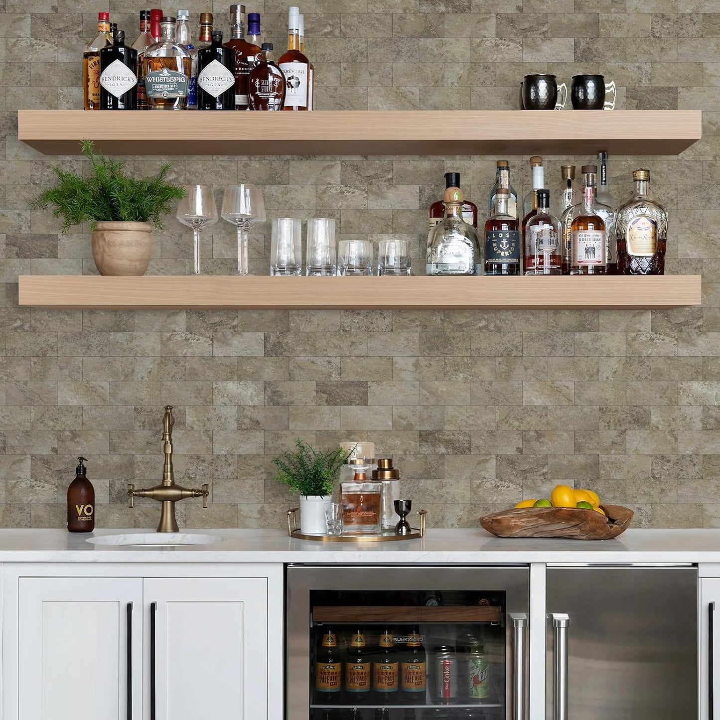 STICKGOO 10-Sheet Subway Tile Peel and Stick Backsplash, Seamless Design Polished Eurasia Beige Kitchen Backsplash Wall Tiles, Glossy Surface Waterproof Stick on Tile for Bathroom, RV, Fireplace