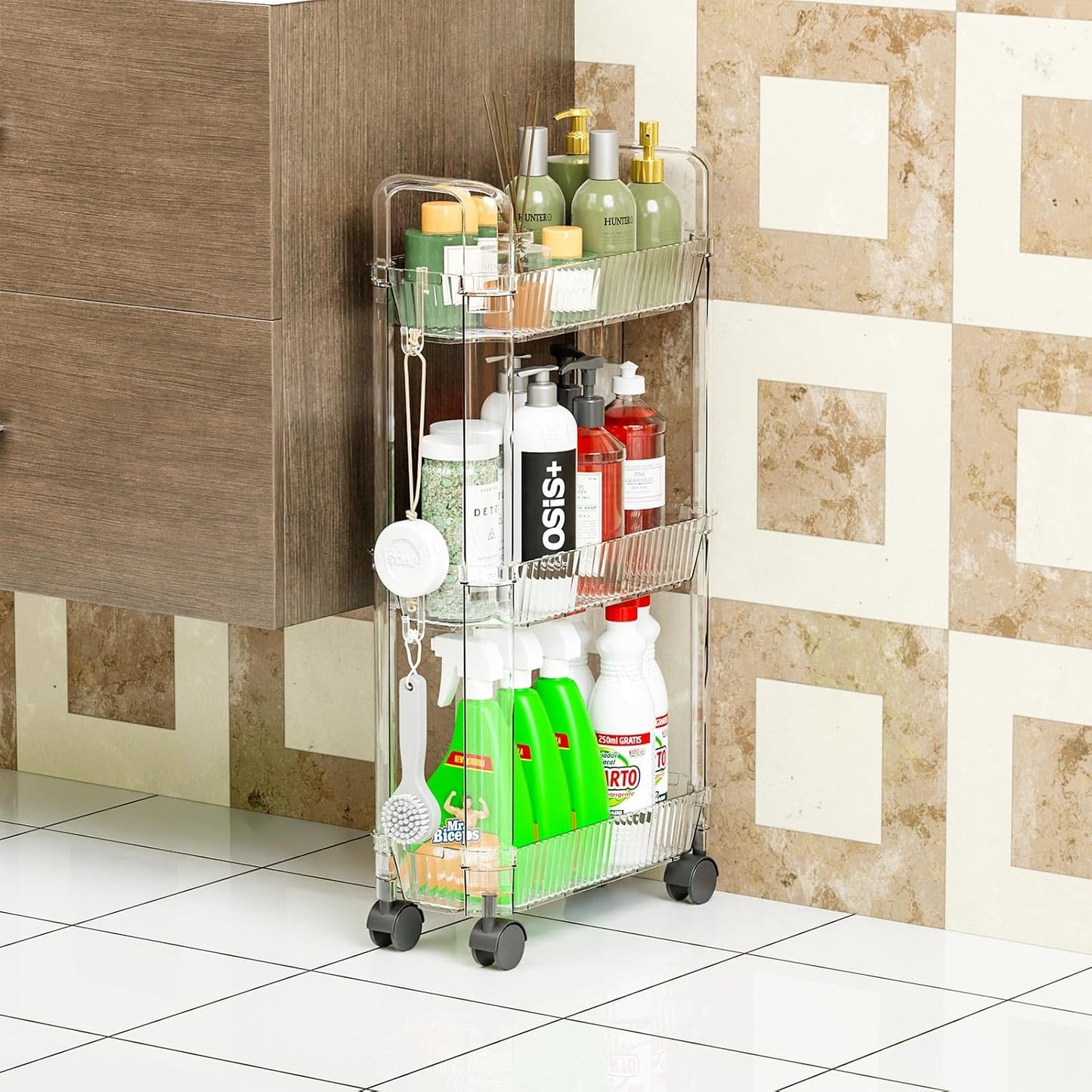 3 Tier Slim Rolling Storage Cart with Wheels for Small Space,Clear Modern Design Slim Utility Cart Suitable as Bathroom Cart Organizer Shelf,Skinny Bathroom Storage Rack,Narrow Laundry Cart on Wheels
